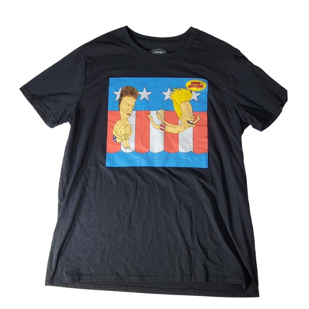 Beavis and Butt-Head Men 3XL Black Graphic T-Shirt 90s MTV Cartoon Patriotic Tee